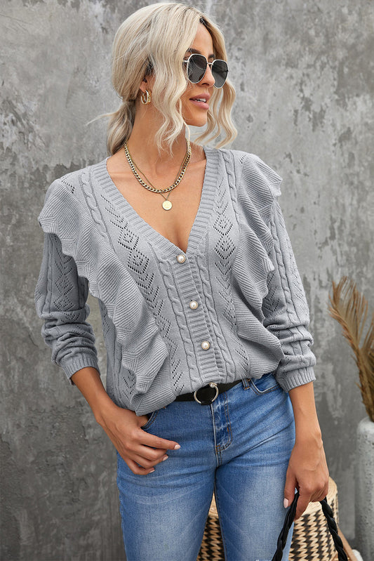 Chic Gray Ruffled Buttoned Open Front V Neck Knitted Sweater